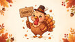 © iPhoto - Cute Thanksgiving turkey in pilgrim hat holding wooden thankful sign with autumn leaves, acorns and mini pumpkins, cartoon illustration
