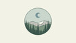 © Antu - Circular landscape patch displaying a crescent moon over pine tree forest and snowy mountains on a light background.