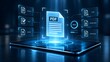 © Bintu Amir - Digital pdf editing software interface displaying automated document processing and file management capabilities on futuristic tablet