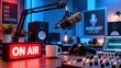 © Perfect Pixel Studio - Professional podcast recording studio setup with an illuminated on air sign, microphone, mixing console, and laptop for audio content creation
