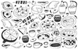 © sorninai - Collection of hand-drawn doodle illustrations of Georgian cuisine dishes. Khinkali, khachapuri, cheese, wine, and shashlik. Food and drinks, vector elements for cafes, menus.