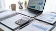© Prime Horizon - Professional financial accounting workspace featuring a modern laptop and calculator documents placed carefully on white background