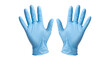 © Malik - Blue nitrile medical gloves on white background, pair of disposable latex-free surgical gloves, protective rubber hand equipment for healthcare