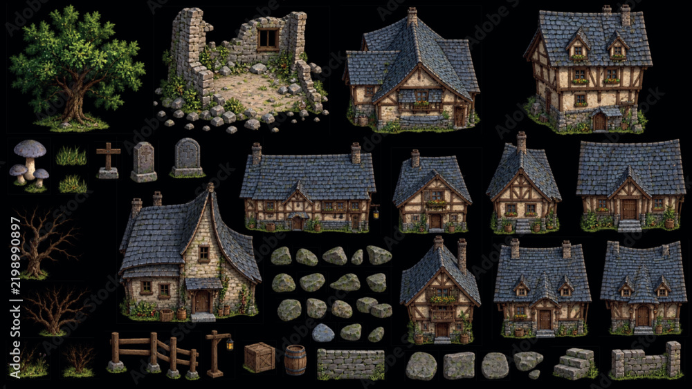 Game Vector Type Medieval fantasy village assets, isometric timber frame houses and ...