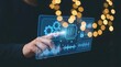 © Optacurt - Futuristic artificial intelligence processor interface manipulated by person hand with glowing digital graphics