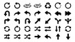 © Syed - Collection of bold black navigation and refresh icons featuring circular arrows, return symbols, directional turns, rotation, swapping, reversing, and geometric arrow shapes.