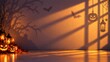 © BS - Spooky halloween background featuring glowing jack o lanterns and hanging decorations with long shadows cast across a dark room in warm light