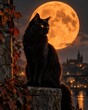 © Eduards V. - Mysterious black cat sits perched on a stone wall, gazing out at a city skyline bathed in the warm glow of a full moon, evoking a sense of wonder and enchantment