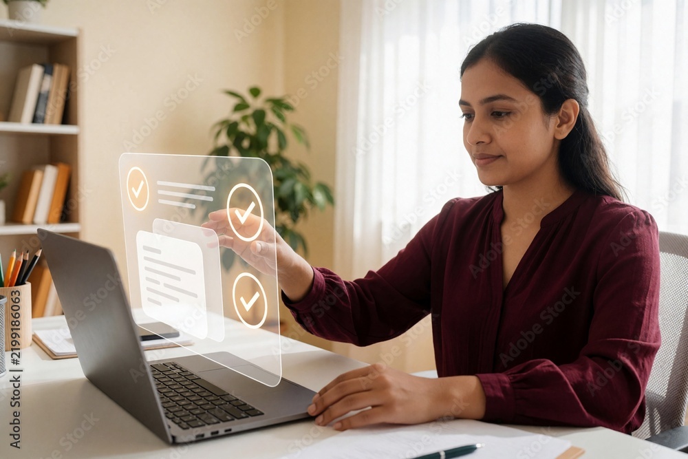 Notebook Design Templete Woman using holographic checklist interface on laptop Stock Photo ...