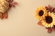 © Tayyaba - Autumn background with sunflowers and dried hydrangeas on border, yellow and rust, warm beige center copy space