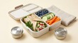 © Nextzen Creative - Healthy bento lunch box with fresh salad wrap blueberries cucumber slices and carrot sticks for eating. nut free meal plan