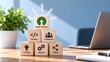 © HP - Wooden blocks stacked in a pyramid with open source software icons representing collaborative development and innovation