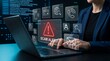 © Yurgentum - Person uses laptop with digital icons showing scam alert signs. Emphasizes online security threats.