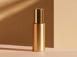 © World of AI - Metallic gold cylindrical bottle standing off center on a warm beige ledge, with dramatic sunlight and shadow across a two tone studio backdrop, luxury product still life