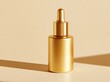 © World of AI - Gold dropper bottle standing off center on a warm beige surface with long angular shadows, minimalist luxury cosmetic packaging still life and product studio composition