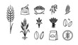 © Prosenjit - Wheat and grain vector icon set with flour bag, cereal bowl, oat plant, wheat sheaf, and kernel symbols