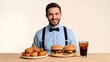 © HanMinh - Happy man with a large fast food meal of burgers, fried chicken, and soda