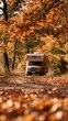 © Joyce - a serene autumn scene shows a motorhome parked on a paved path surrounded by trees. The motorhome is beige with a white roof and is positioned in the center of the frame.