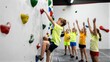 © joeycheung - Children climb colorful indoor rock wall while peers cheer from below.