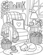 © fajar - Cozy Home Interior Scene with Armchair, Sleeping Cat, and Knitting Yarn for Relaxing Adult Coloring Page