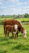 © munirahsamsudin - Curious Brown Calf Standing Near Mother Cow Grazing in Green Pasture