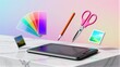 © YiuCheung - Digital art tools float above a tablet, inspiring creativity with vibrant colors and scissors.