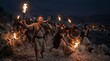 © AlfaSmart - Biblical men sound ram horns and carry torches on a rocky hillside at night. Worshippers gather beside fire and pottery. Religious scene representing faith and scripture.