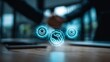 © Ali - Glowing digital handshake and smile icons hovering over a wooden desk in office setting