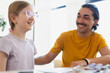 © Studio Marmellata - A young girl wearing glasses and a smiling man in a yellow shirt sit together indoors, engaging in a cheerful conversation at a wooden table during the day.