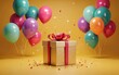 © Jonaid - Gold gift box with red ribbon surrounded by colorful balloons and confetti present