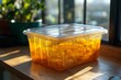 © A L P A C A - Plastic container filled with yellow preserved fruit under sunlight on wooden table indoors symbolizing food storage packaging and kitchen lifestyle
