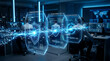 © Sugeng - Futuristic holographic data cubes in tech workspace.