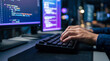 © Taras Roshchuk - Professional programmer typing lines of code on a modern computer in a dark workspace during the night as part of a software development project