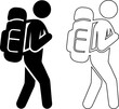 © Shah Hasanuzzaman - Vector illustration features a black silhouette and a simple outline icon of a walking backpacker, perfectly representing outdoor hiking, adventure travel and nature trekking