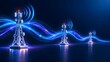 © King Stock - 3D rendering of telecommunication towers emitting glowing blue digital radio waves and data signals on a dark reflective surface, illustrating 5G network connectivity.