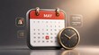 © Tati - Desktop May calendar showing highlighted May 22, gold analog clock, meeting notifications, bell and task icons, representing scheduling and time management