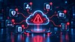 © King Stock - Glowing neon cloud with a red warning triangle inside surrounded by disconnected tech icons symbolizing a cloud security breach or data failure