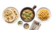 © M4 - Indian butter chicken curry in clay pot, garlic naan bread and french fries, traditional asian fusion meal set with chutney and onion isolated PNG with Transparent Background