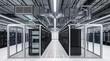 © Aoao - Interior of a data center featuring server cabinets enclosed within glass containment doors, with large industrial air ducts and ventilation piping mounted on the ceiling overhead.