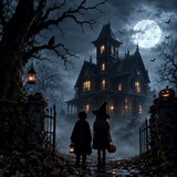 Children Trick or Treating in Spooky Halloween Night Illustration