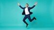 © Png guru - Excited Professional Businessman Jumping in Air Celebrating Success and Victory Isolated on Solid Teal Studio Background High Energy Business Concept