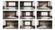© DreamGen Works - Industrial loft interior set with 9 views, empty warehouse room with red brick walls, sunlit studio space with large windows and concrete floor