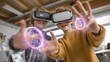 © Viktoriia - Young friends enjoying virtual reality gaming with interactive holograms in modern living room