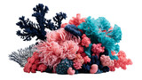 Vibrant pink and teal coral reef cluster with dark blue branching sea fan