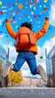 © Fat Bee - Student jumping with confetti at school gates on first day