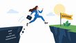 © SHAILA - Ambitious woman jumping over cliff gap from negative obstacles towards success flag goal.