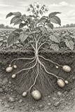 Potato plant and underground tubers in a botanical drawing