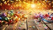 © Kitiphong - Colorful ribbons and confetti scattered on a wooden table with a warm golden light shining down on them , celebratory atmosphere, ribbons
