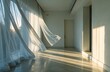 © 孝宏 後藤 - 結婚式の日、光が差し込む屋内のアパート。ドレス姿で部屋の木製の家具やゆか、壁に囲まれてくつろいでいる。デザインされたカーテンとまどの向こうにはビルの景色。とびらを開けると、中身のないハウスのような建築が広がり、くだらない人がぽつりと佇む。