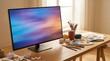 © spyrakot - Modern computer monitor and art supplies on creative workspace desk